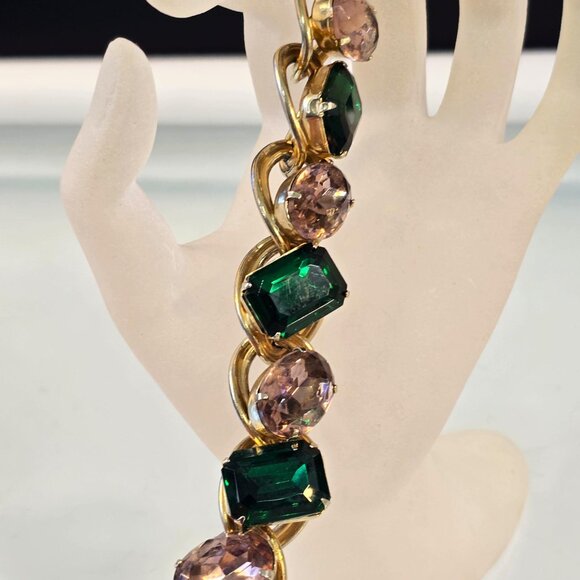 Mid-Century Clamper Bracelet Vintage Rhinestone Green Pink - Picture 9 of 9